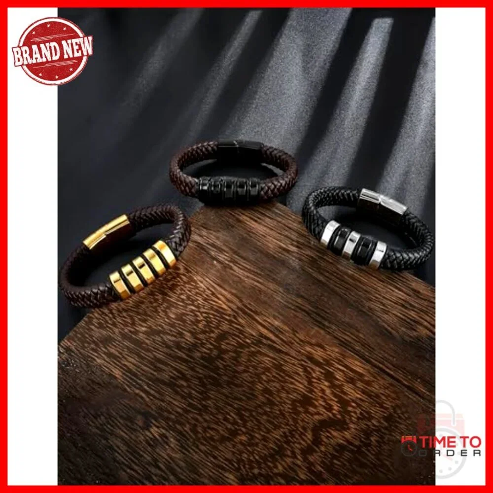 Braided Leather Cuff Bracelet, Stainless Steel, 8.7